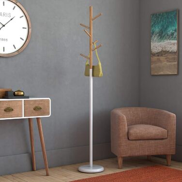 Мінімалістична вішалка для одягу Versa Malm для вхідної зони, з 9 гачками для одягу або сумок, розміри (В x Д x Ш) 171 x 28 x 28 см, метал та дерево, колір білий