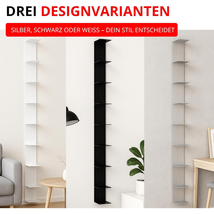 Настінна книжкова полиця Radius Booksbaum 2, велика, біла, виготовлена зі сталі з порошковим покриттям, 15 x 170 x 15,5 см, вміщує приблизно 130 книг, вантажопідйомність 6,5 кг на полицю, елегантна настінна полиця (725B)