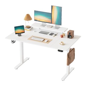 Стіл Klicelor з регульованою висотою та рухомою підставкою для монітора, 140x80 см, стіл для роботи сидячи/стоячи з 2 кнопками пам&39яті, 4-елементна стільниця, комп&39ютерний стіл, білий 140 x 80 см