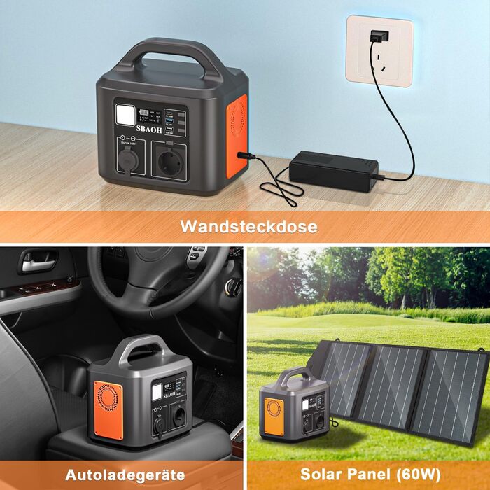Портативна електростанція 600 Вт, сонячний генератор SBAOH 538,7 Втгод з акумулятором та виходом змінного струму/USB, мобільний генератор живлення для подорожей/кемпінгу/відпочинку на природі/для надзвичайних ситуацій