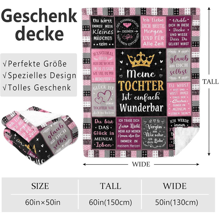 Подарункова ковдра для доньки 130x150 см, подарунок для доньки від мами, матері, тата, рожеві креативні подарунки для дівчаток та жінок, декоративні подарунки на день народження/Різдво/випускний