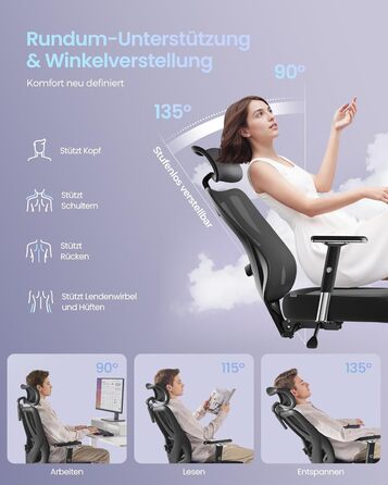 Ергономічне офісне крісло SONGMICS, стілець для столу, ігрове крісло, регульована поперекова опора, підголівник, підлокітники, підходить для різних розмірів тіла, вантажопідйомність до 150 кг, чорний колір OBN067BH01