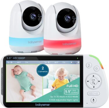 Монітор Babysense із камерою та 5,5-дюймовим дисплеєм із розділеним екраном 1080p Full HD, 2 камери, нічник RGB, велика батарея 50