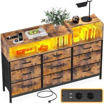 Комод ODK з висувними шухлядами, комод з 2 розетками, 2 USB-портами та 10 кольоровими світлодіодними стрічками, комод з полицею, стільниця з 9 тканинними шухлядами для спальні та вітальні, 130 * 30 * 97 см у ретро-стилі