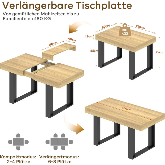 Розсувний обідній стіл 120-160 см, сучасний дерев&39яний обідній/кухонний стіл для 2-6 осіб, довгий розсувний обідній стіл, великий конференц-стіл для вітальні/їдальні (натуральний)