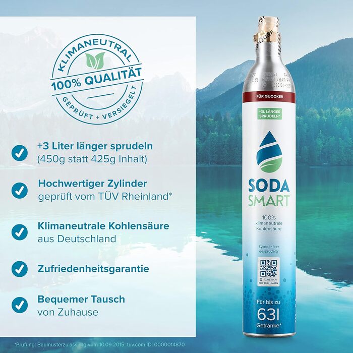 Балон CO2 преміум-класу SodaSmart для виробника газованої води Quooker Наповнений 425 г вуглекислого газу 25 г додатково для більш ніж 60 л Балон з вуглекислим газом як резервний пакет