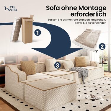 Кутовий диван PHI VILLA зі сном, Cloud, безкістковий диван, 5-місний L-подібний модульний диван для вітальні, вельвет, не потребує складання, бежевий, 5-місний, бежевий