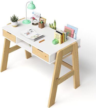 Дитячий письмовий стіл Bellabino Campo регульований по висоті з дерева в білому/натуральному кольорі з 2 шухлядами, 1 полицею і 3