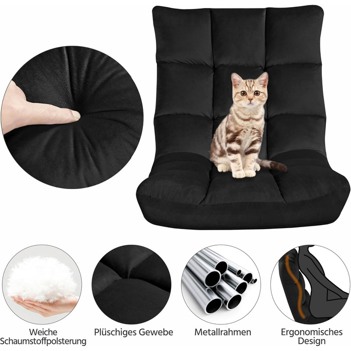 Складане підлогове крісло Yaheetech, лінивий диван, складне розслаблююче крісло, крісло для медитації, підлогове крісло з регульованою спинкою, крісло для читання для дому або офісу, чорний плюшевий