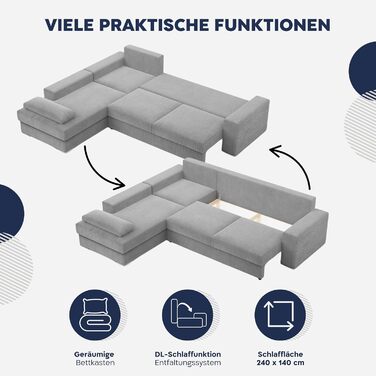 Кутовий диван з функцією сну та відділенням для зберігання речей шириною 287 см VELANO, кутовий диван, L-подібний диван, великий диван, комфорт та стиль, L-подібний секційний диван, L-подібний диван з функцією сну - Вельветовий диван темно-сірий (Poso 022