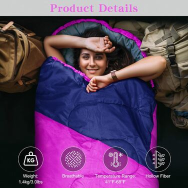 Легкий та компактний спальний мішок для дорослих та дітей, 3-4 сезони, легкий та компактний спальний мішок для походів, прямокутний кемпінговий спальний мішок з кишенею, рожево-червоний темно-синій