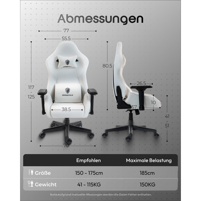Ігрове крісло Dowinx з 4D підлокітниками та функцією гойдання 15, регульоване масажне ігрове крісло 165, ергономічне ігрове крісло, гоночний дизайн для геймерів та кіберспорту, вантажопідйомність 135 кг, білий колір