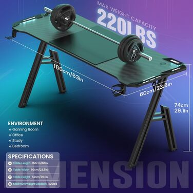 Ігровий стіл зі світлодіодним освітленням, 160x60 см, ігровий стіл з А-подібною рамою, стабільний ігровий стіл для ПК з крутим вуглецевим покриттям, ергономічний дизайн з гачком для навушників та підсклянником, легко збирається, 160 x 60 см зі світлодіодн