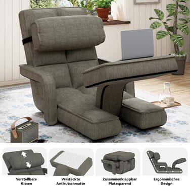 Регульоване підлогове крісло UNIONLINE, складне, з підлокітниками, ігрове крісло з подушкою та підставкою для ніг, одне крісло, ліжко для спальні, дому, офісу, темно-сіре