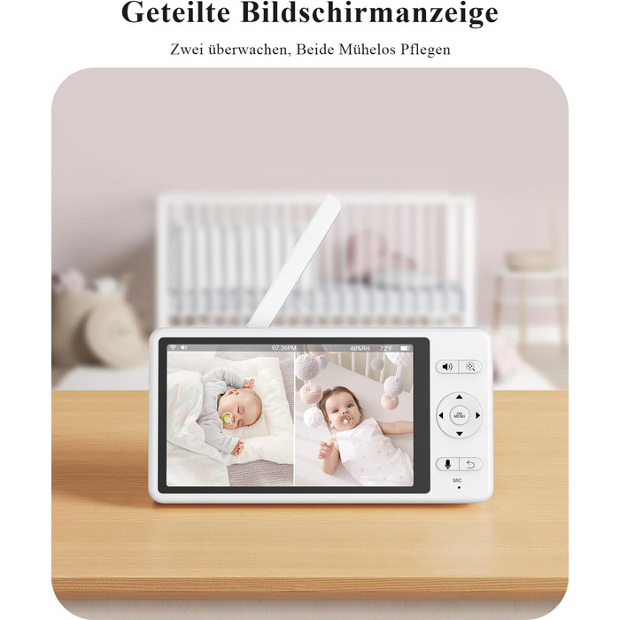Радіоняня WUUK 2K з 2 камерами та додатком, 5,5-дюймовий дисплей із PTZ-монітором на 360, 10-кратне збільшення, стабільне зєднання