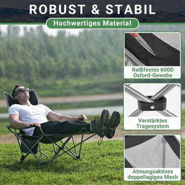 В-1 складне кемпінгове крісло, пляжне крісло з регульованою спинкою та підставкою для ніг, розслаблююче крісло/шезлонг з підставкою для чашок, рибальське крісло для кемпінгу на свіжому повітрі A*mesh - чорний/сірий, 2-