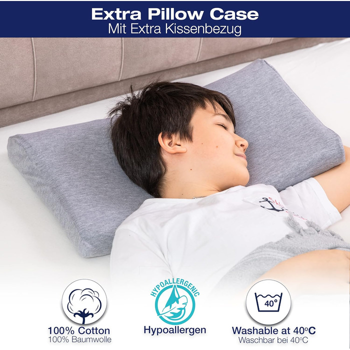 Ергономічна дитяча подушка 66x33 Oeko-Tex Memory Foam Flat дитяча подушка для дітей та малюків від 2 років (60 x 30 x 6/4 см)