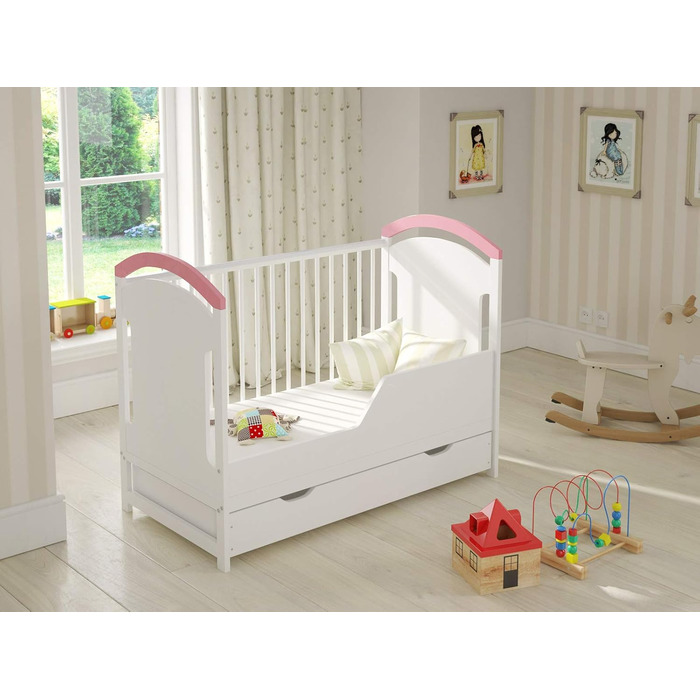 Дитяче ліжечко/спальне місце Love For Sleep 120x60 см з захисним бар&39єром, що трансформується, рожеве, AMIE Дитяче ліжко, дерев&39яне ліжко - Дитяче ліжко, Ліжечко-трансформер