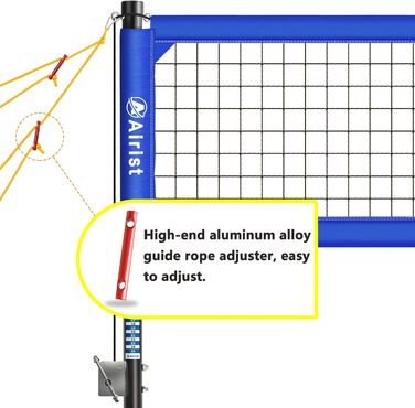Волейбольна сітка Airist Heavy Duty для зовнішнього використання зі сталевою системою захисту від провисання, регульовані алюмінієві стійки
