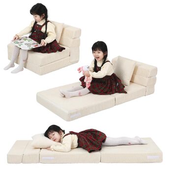 Диван MeMoreCool Cord Play, Дитячий диван, Дитячий диван Glow, Дитячий розкладний диван, Диван-фліп, Дитячий диван, Z-подібне ліжко, Розкладний дитячий диван, Ліжко на підлогу, Розкладний диван для ігрової кімнати, Бежевий шнур бежевого кольору