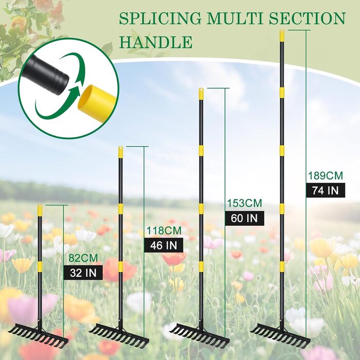 Міцний садовий грабель, 189 см, металевий грабель з 12 зубцями, вигнутий грабель з довгою ручкою для розпушування ґрунту, вирівнювання, догляду за газоном, сільського господарства, землі, чорний