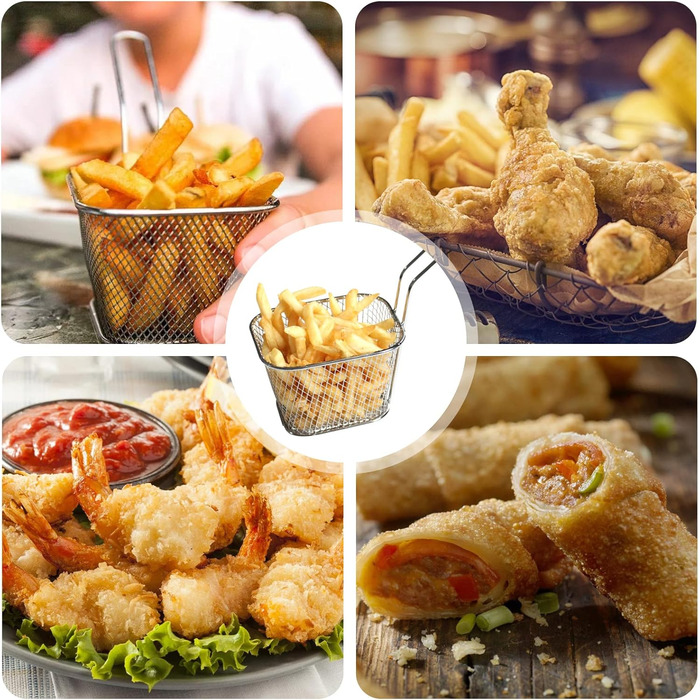 Кошик для картоплі фрі Sporgo 12 шт. маленький кошик для смаження з нержавіючої сталі, срібний кошик для картоплі фрі, кошик для смаженої їжі з ручкою, кошик для фритюрниці, кільця цибулі, курячі нагетси (1)