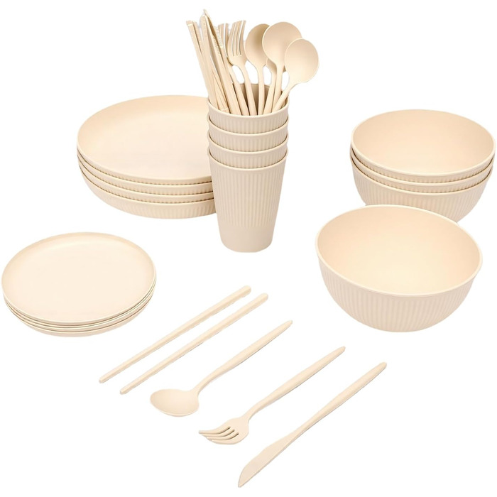 Набір посуду на 4 особи, небємий тарілки, миски та чашки. Зручна коробка для зберігання, можна мити в посудомийній машині та використовувати в мікрохвильовій печі. Ідеально підходить для дому, кемпінгу, пікніків.