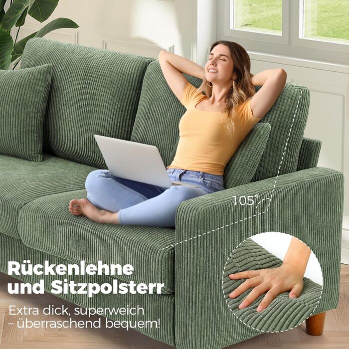 Диван Kidirect Cord 3, зручний диван 178 см, надзвичайно глибокі сидіння 53 см, диван для вітальні, що збирається без інструментів, великий диван-канапа з 2 подушками, сучасний диван для офісу, дивани для спальні, лісово-зелений, лісово-зелений, 178 см