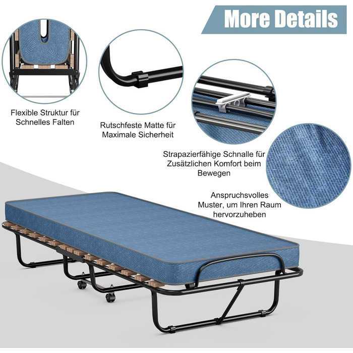 Гостьове ліжко COSTWAY 80x190 см з матрацом з піни з ефектом пам&39яті, розкладне односпальне ліжко, міцне металеве ліжко (витримує вагу до 130 кг), розкладне ліжко на колесах, ліжко для кемпінгу, переносне ліжко, синє 80 x 190 x 33 см