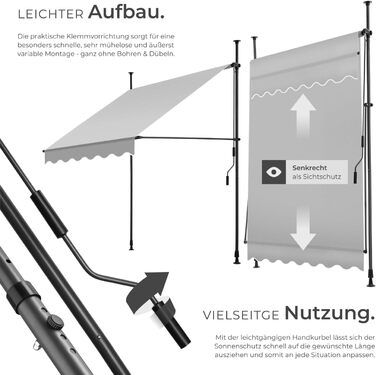 Маркиза tectake з кріпленням та ручним приводом, балконна маркізка без свердління, регульована по висоті, стійка до ультрафіолету, водовідштовхувальна, навіс для патіо, сонцезахист для патіо та балкону, ширина 150 см - світло-сірий