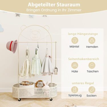 Вішалка для дитячого одягу GOPLUS, дитяча вішалка для одягу з вішалкою та полицею, дитяча вішалка для одягу з 3-ма регульованими в