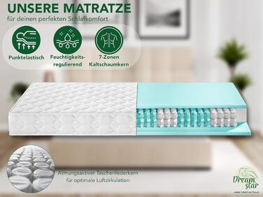 Матрац DREAMSTAR Ergo Flex Duo з пружинами Pocket Spring 90x200 см Ергономічний 7-зонний матрац Сертифіковано Oeko-Tex Рівні жорсткості H2 (0-80 кг) та H3 (80-100 кг) Гіпоалергенний та антибактеріальний Висота 17 см 90 x 200 см