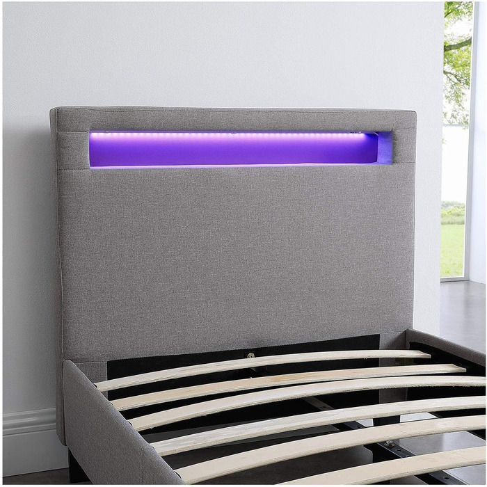 М'яке ліжко Гімалаї зі світлодіодним підсвічуванням односпальне молодіжне ліжко 90x200 см з рейковим каркасом, в сірому тканинному