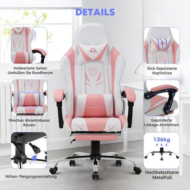 Ігрове крісло COLAMY, комп&39ютерне крісло з підставкою для ніг та поперековою опорою, регульоване по висоті ігрове крісло з поворотним на 360 сидінням та підголівником, крісло для відеогеймерів, ергономічна висока спинка, рожевий сучасний колір