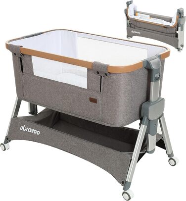 Дитяче ліжечко UBRAVOO 2-в-1 від народження до 15 кг, ліжечко Side-by-Sleep, додаткове ліжко з 5 регулюваннями висоти, регулювання нахилу матраца/складна бічна панель/4 колеса з гальмами, ліжечко з сітчастої тканини
