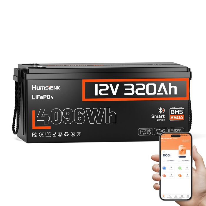 Літій-іонний акумулятор HumsiENK 12V 320Ah LiFePO4 з Bluetooth, 250A BMS, понад 15 000 циклів, захист IP65 та захист від низьких температур, енергія 4096 Втгод. Ідеально підходить для автофургонів. 12V 320Ah Bluetooth-250A