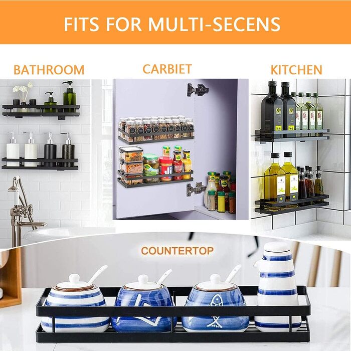 Настінна полиця для спецій, не потребує свердління, комплект з 2 шт. з кухонною штангою, підвісна кухонна полиця, полиця для спецій на дверцята шаф, полиця для душу з нержавіючої сталі для кухні, ванної кімнати, балкону, 35 x 12 x 5,7 см, чорна