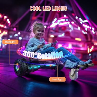 Самокат SISIGAD з кріпленням сидіння – ховерборд-картинг 8,5 дюйма з різнокольоровими світлодіодними ліхтарями та Bluetooth, для дітей, хлопчиків, дівчаток та дорослих будь-якого віку