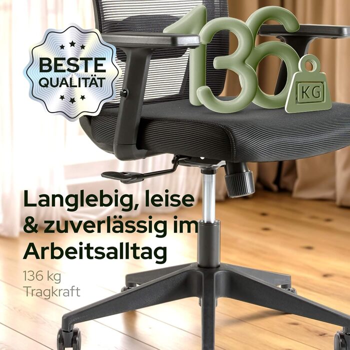 Ергономічне офісне крісло Arebos, стілець для роботи з регульованим підголівником, підлокітниками, поперековою опорою, обертове крісло з функцією гойдання, крісло керівника з сітки, захисне для спини, офісне крісло 136 кг