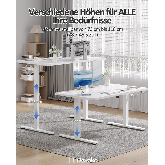 Письмовий стіл Devoko з регульованою висотою, стіл з електричним регулюванням висоти, офісний стіл для роботи сидячи та стоячи, комп&39ютерний стіл з функцією пам&39яті, стіл для роботи стоячи, офісний стіл, 120 x 60 см, білий