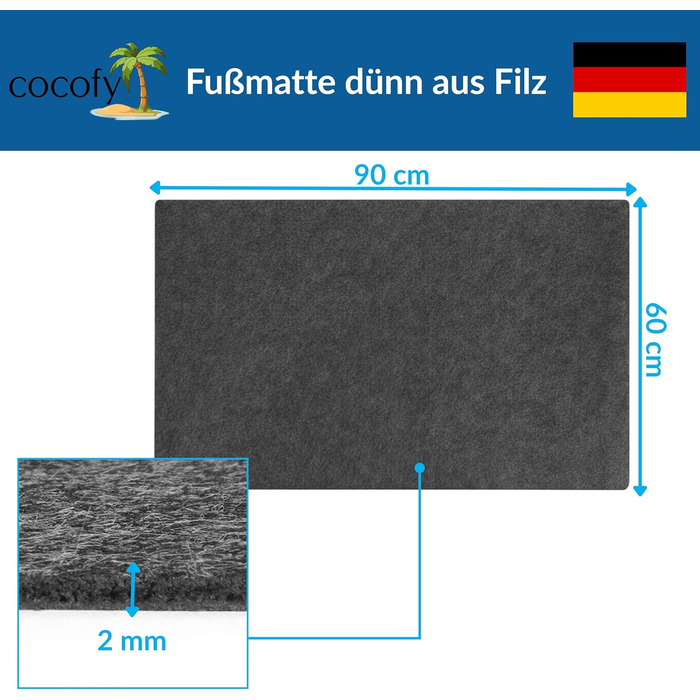 Тонкий надзвичайно плоский килимок для дверей товщиною 2 мм, 60 x 90 см, тонкий килимок для внутрішніх приміщень, тонкий повстяний килимок з протиковзкою підкладкою, килимок для внутрішніх приміщень, антрацитово-сірий, 90 см x 60 см