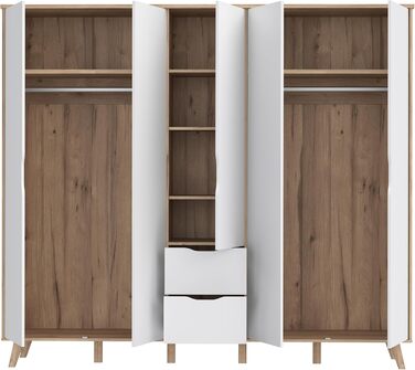 Гардероб Forte VANKKA 230, шафа в скандинавському стилі з 5 дверима на петлях та 2 шухлядами, витончені меблеві ніжки, інженерна деревина, декор дубовими дошками Білий, 228,8 см завширшки x 201,5 см заввишки x 52,7 см завглибшки. Біло-дубова 5-дверна шафа