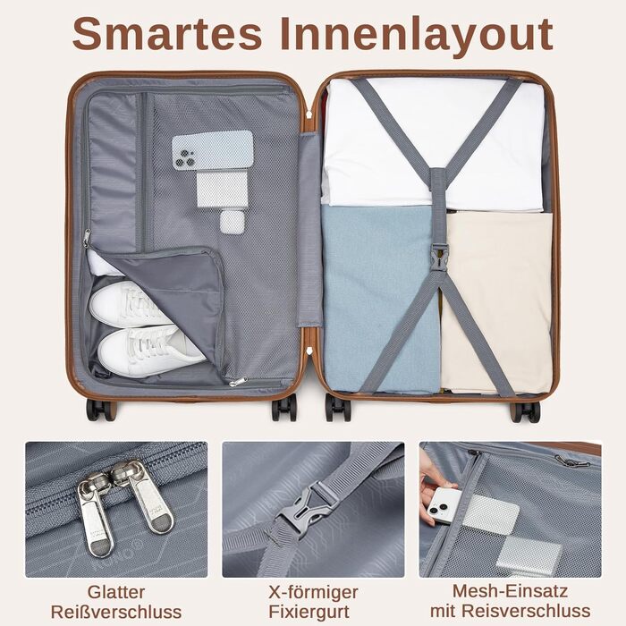 Валіза KONO, дорожня валіза, візок, ручна поклажа 55x40x20 см, виготовлена з твердої оболонки ABSPC, з подвійними колесами та кодовим замком (сіра/коричнева, 55 см) Ручна поклажа (55 см) сіра/коричнева