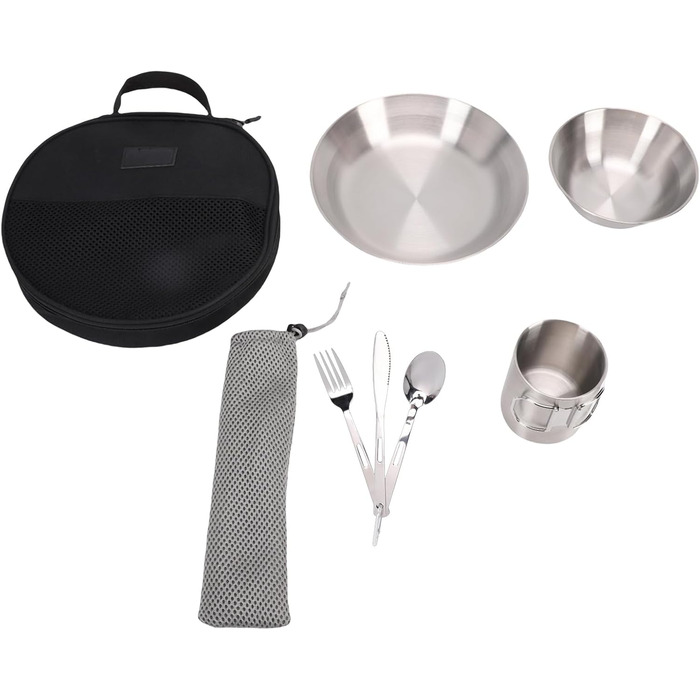 Набір посуду для кемпінгу Drfeify з нержавіючої сталі, портативний, дворівневий, комбінація посуду для пікніків, пляжних вечірок, міцний набір столових приборів для мандрівників, нержавіюча сталь 304, розмір 546 г