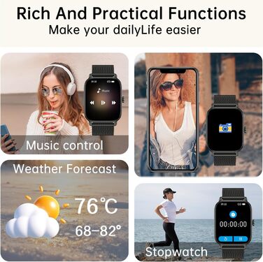 Розумний годинник для чоловіків та жінок з функцією телефону Bluetooth-годинник з функцією дзвінків, водонепроникний розумний годинник, фітнес-трекер з монітором серцевого ритму, монітор сну, крокомір, спортивний годинник, Android/iOS, чорний