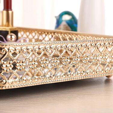 Піднос для парфумів ELLDOO, піднос із дзеркалом, піднос для макіяжу, різьблений піднос для ювелірних виробів, скло, метал, піднос для зберігання ювелірних виробів, органайзер для дому, золотий, середній розмір золото, срібло 30 x 20,1 x 5,1 см