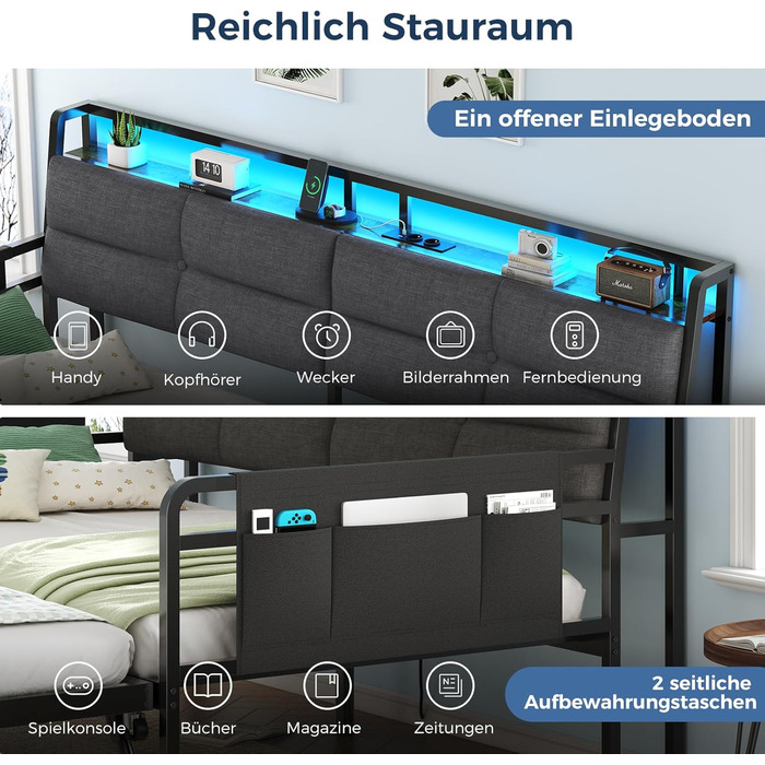 Розкладний диван-ліжко з висувним ліжком, кушетка 90x200(180x200) см, розкладна кушетка зі світлодіодним освітленням та зарядною станцією (2 розетки змінного струму, 2 порти USB), односпальне та двоспальне ліжко, гостьове ліжко сірого кольору 90x200 см/18