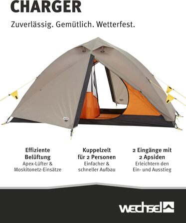 Зарядний пристрій для трекінгового намету Wechsel I Купольний намет для 2 осіб I Швидкорозкладний двомісний намет I Компактний та портативний I Ідеальний намет для кемпінгу, піших прогулянок та велосипедних поїздок на 2 особи