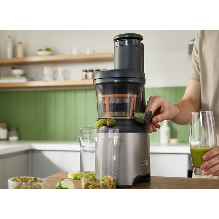 Соковижималка Kenwood PureJuice Pro JMP85.00SI, повільна соковижималка для домашніх соків, XXL завантажувальний отвір для цілих фруктів, з низькою швидкістю для збереження важливих вітамінів, 230 Вт, Срібло