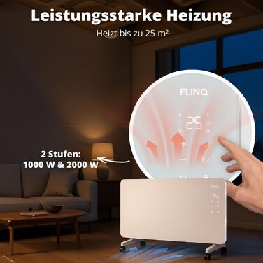 Розумний конвектор FlinQ 2000 Вт - Скляний конвектор, керування за допомогою застосунку - Обігріває до 60 м - Портативний електричний обігрівач - 96 x 46 x 13 см - Білий